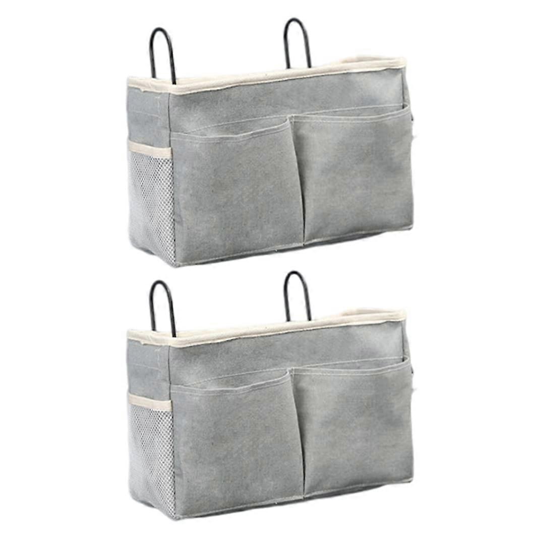 Bedside Storage Caddy with Multiple Compartments and Hooks for Bunk Bed Dorm, 2PCS Grey Canvas
