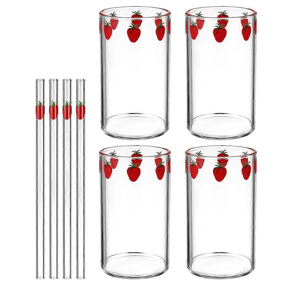 Strawberry Pattern Drinking Cup Transparent Storage of Beverages Multifunctional 4 Sets