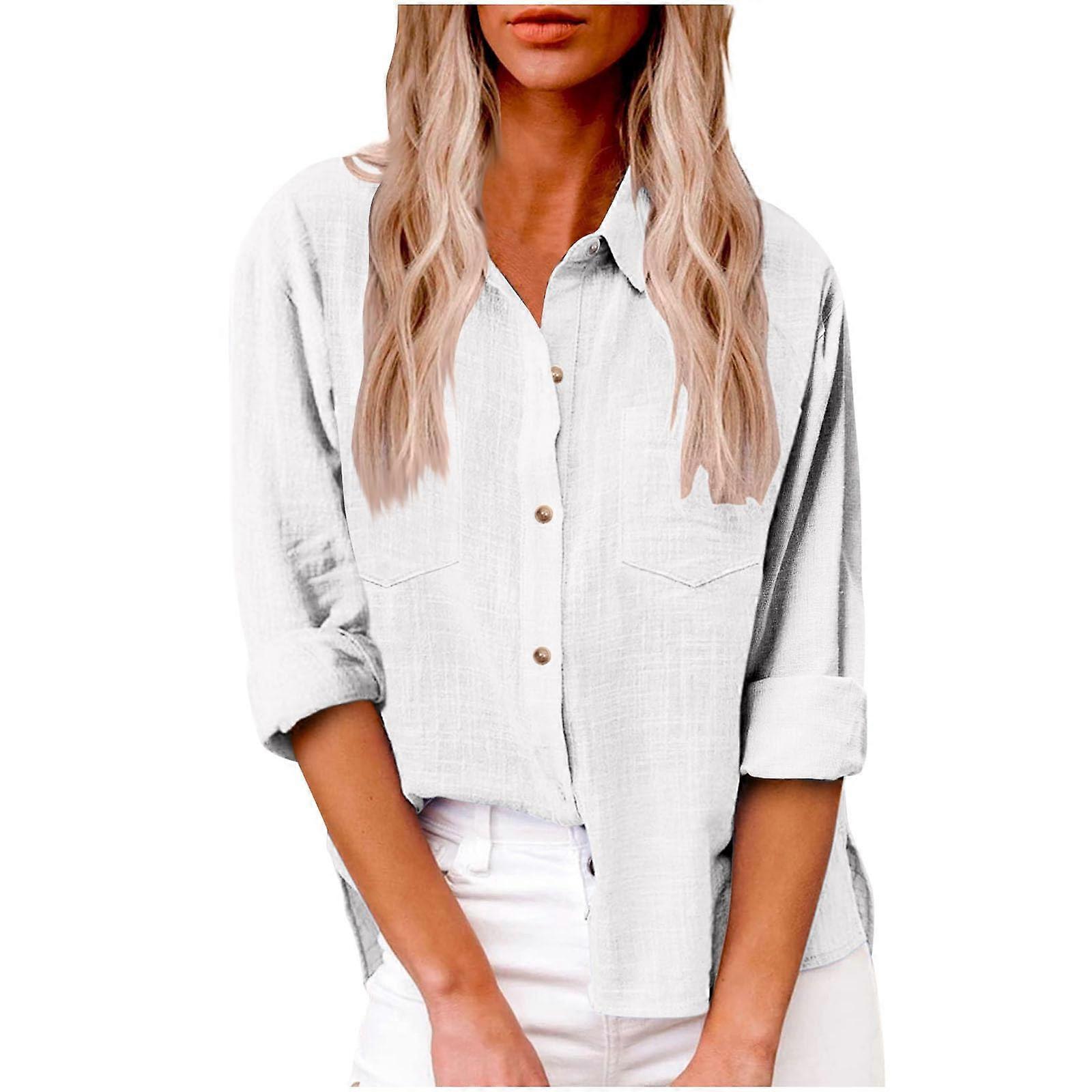 Women's Long Sleeve Blouse Elegant Oversized Cotton Linen Button Down  Plus Size 3XL White
