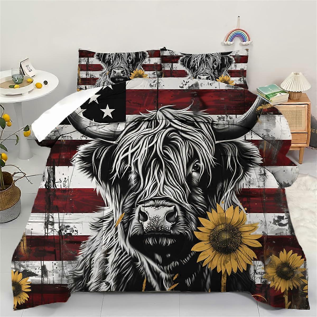 Highland Cow Comforter Set Twin Size with Pillowcase, Farmhouse Rustic Bedding, Soft Microfiber