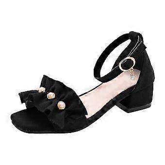 Modische Sommersandalen für Kleinkinder, Mädchen, mit hohem Absatz, Perlenblumenmuster und dicker Sohle, Schwarz, 4,5–5 Jahre