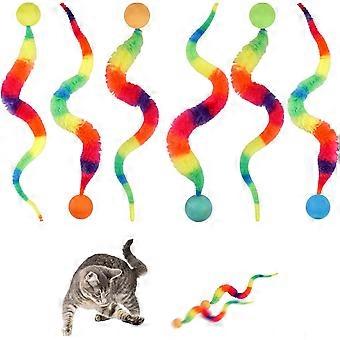 Bouncy Tails kattenspeeltjes - 5 stuks in willekeurige kleuren, grote magische worm met bal in regenboogkleuren voor katten, kleurrijke pluizige worm met stuiterballetjes als kattenspeeltje