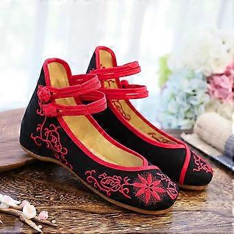 Sunflower Embroidered Women Canvas Ballet Flats Ankle Strap Ladies Casual Cotton Chinese Embroidery Ballerina Shoes