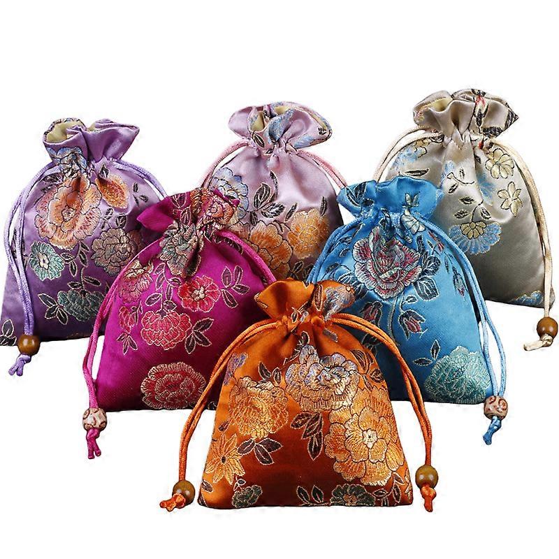 Brocade Peony Drawstring Gift Bag Set, 6PCS