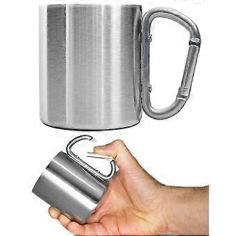 Camping mug, outdoor mug, metal mug, 200 ml, with screw carabiner, stainless steel, hiking, trekking, work, silver