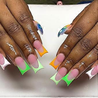 White French Tip Press On Nails Medium Square Fake Nails with Glue Reusable Acrylic Nail Set