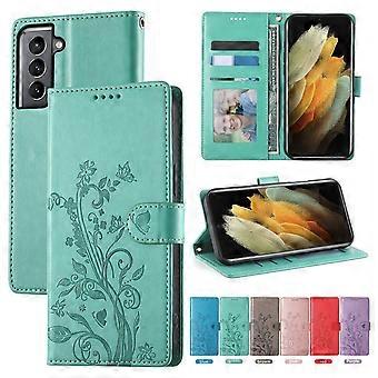 Samsung Galaxy S21 FE Flip-Wallet-Handyhülle aus PU-Leder mit Schmetterlings- und Blumenmuster, Kartenfächern, Handschlaufe und Damenmotiv