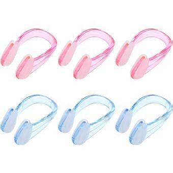 Pack of 6 silicone swimming nose clips, waterproof and non-slip, suitable for adult pool training, available in blue and pink.