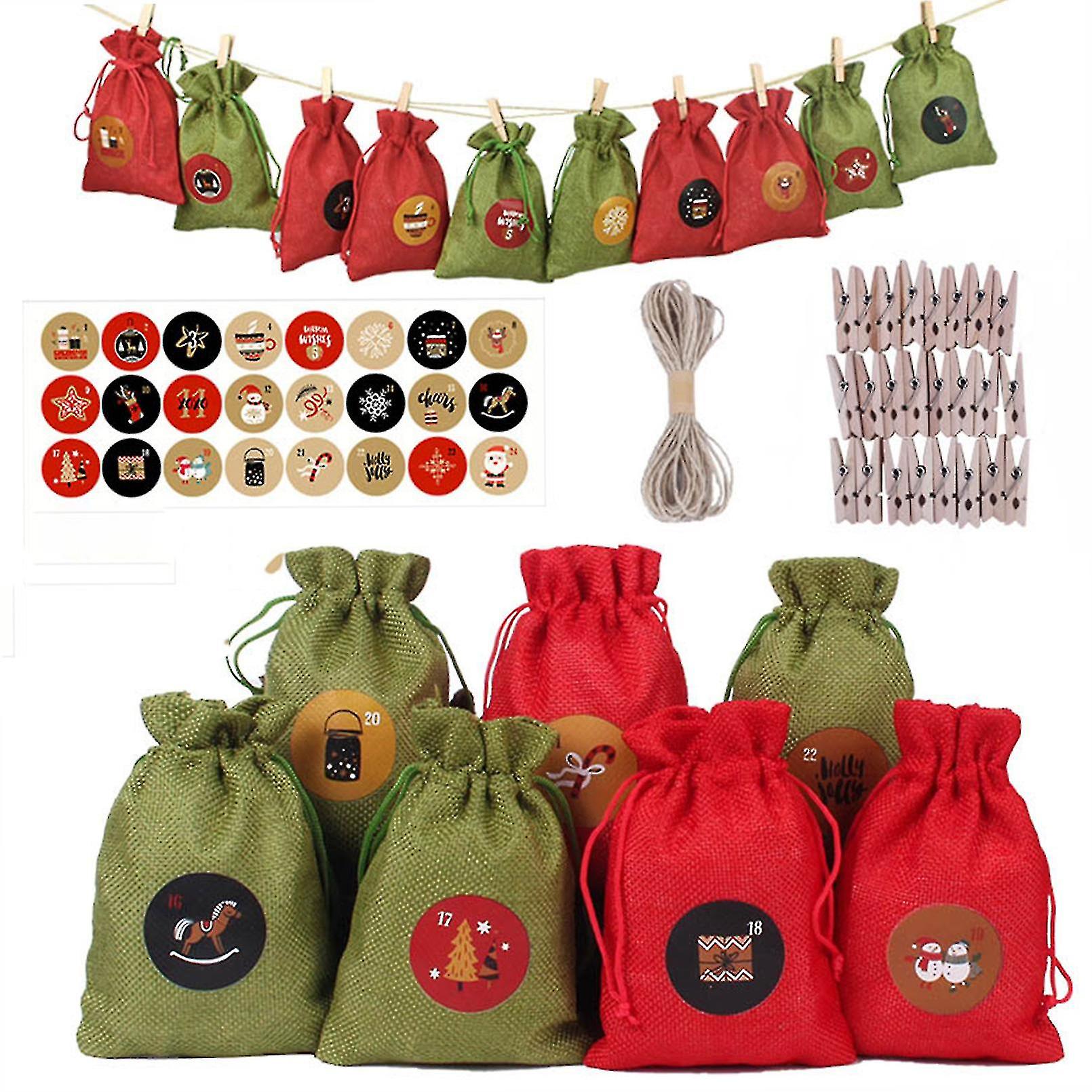 Large 73pc Christmas Linen Bags With Drawstrings Christmas Burlap Goody Gift Bags 24 Days Christmas Advent Calendar Set