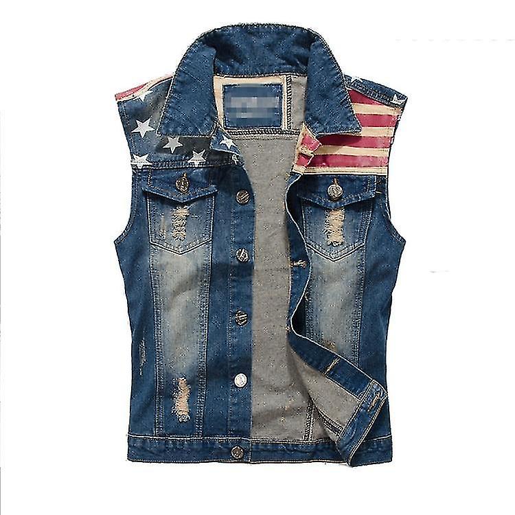Erkek Denim Yelek Erkek Kovboy Yırtık Kolsuz Vintage Ceket Tank Bahar ABD Bayrağı Yıkanmış Yelek Erkekler