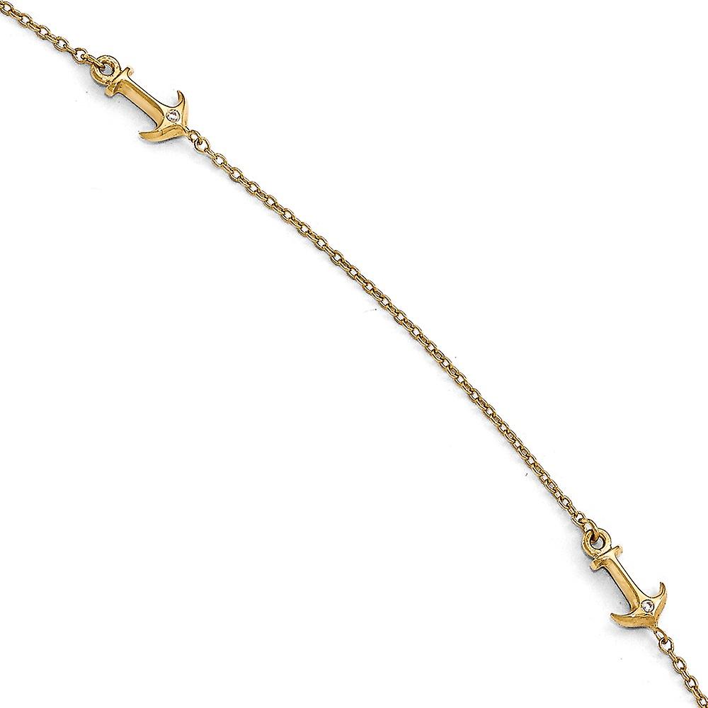 14k Yellow Gold Spring-Ring Cubic Zirconia Polished Nautical Ship Mariner Anchor With 1inch Ext. Anklet 9 Inch 1mm Wide-