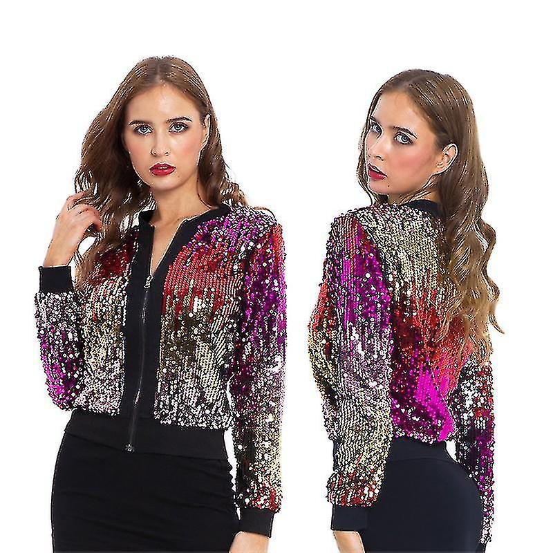 Women's Sequin Splicing Long Sleeve Jacket Zipper Bomber Jacket