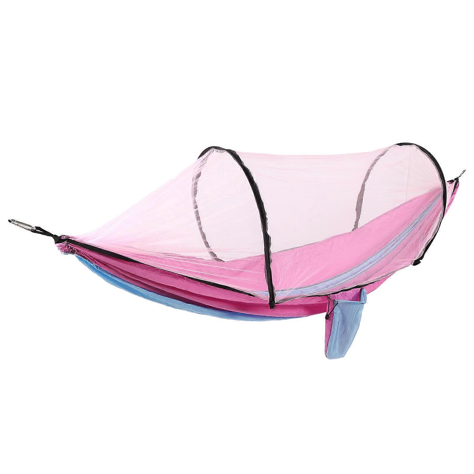 Single Person Hammockwith Net Outdoor Automatic Strut Hanging Parachute Cloth Mosquito Net AntiRollover Hammock(Light Blue Pink )