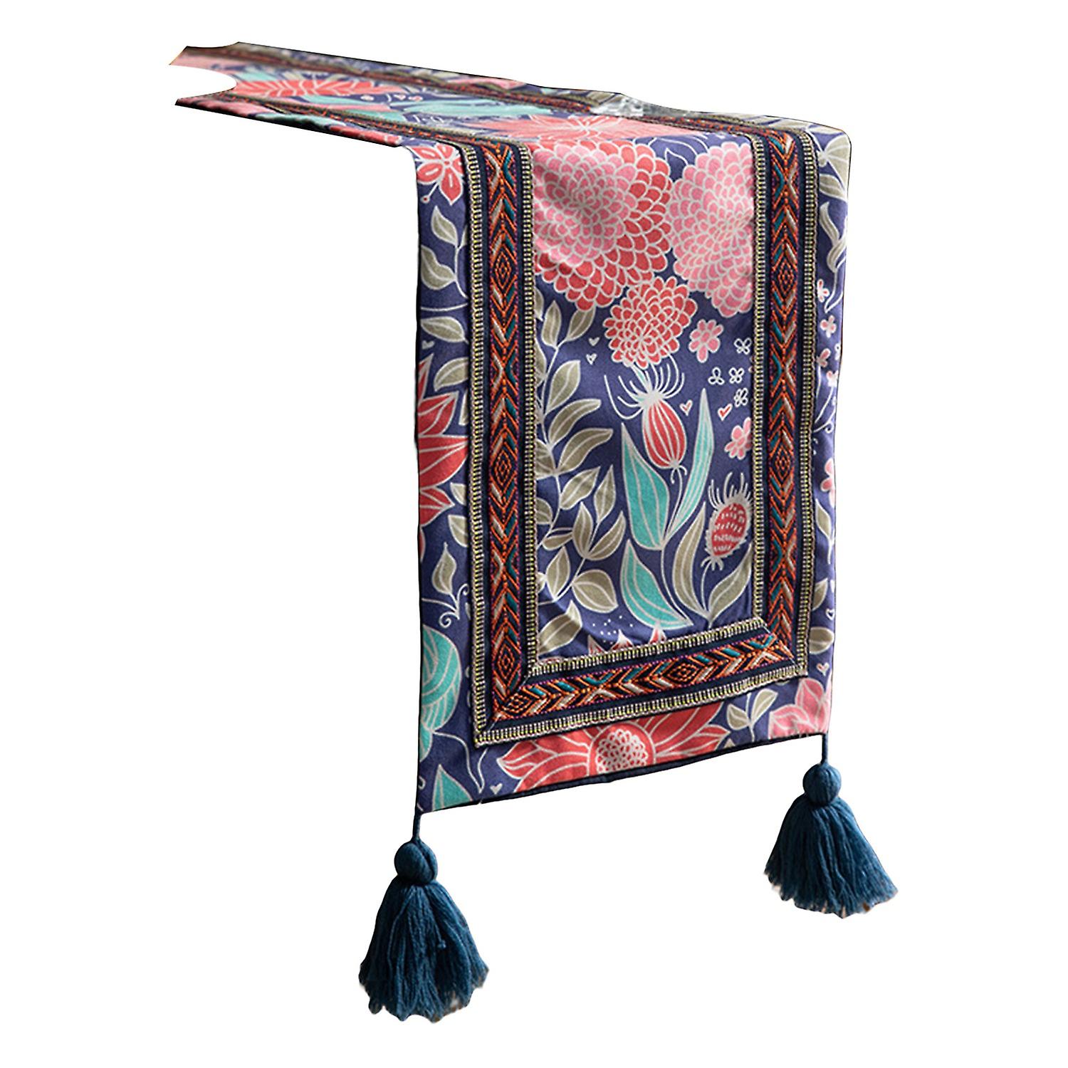 Table Runner Soft Texture Anti-scratch Exquisite with Tassel Vintage Floral Print Tablecloth Househo