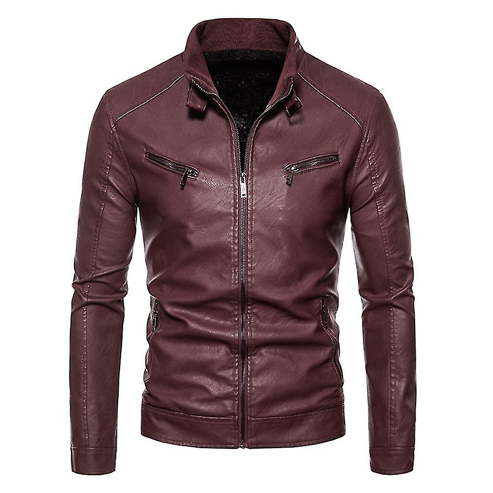 Men's Slim Solid Color Stand Collar Pu Leather Jacket