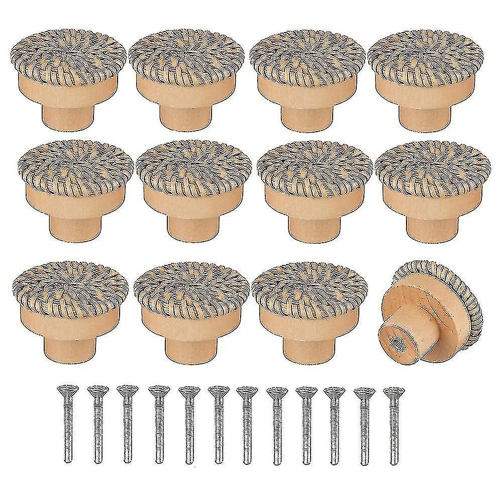 Boho Style Rattan Dresser Knobs Round Wooden Drawer Knobs Handmade Wicker Weave and Screws for Boho 