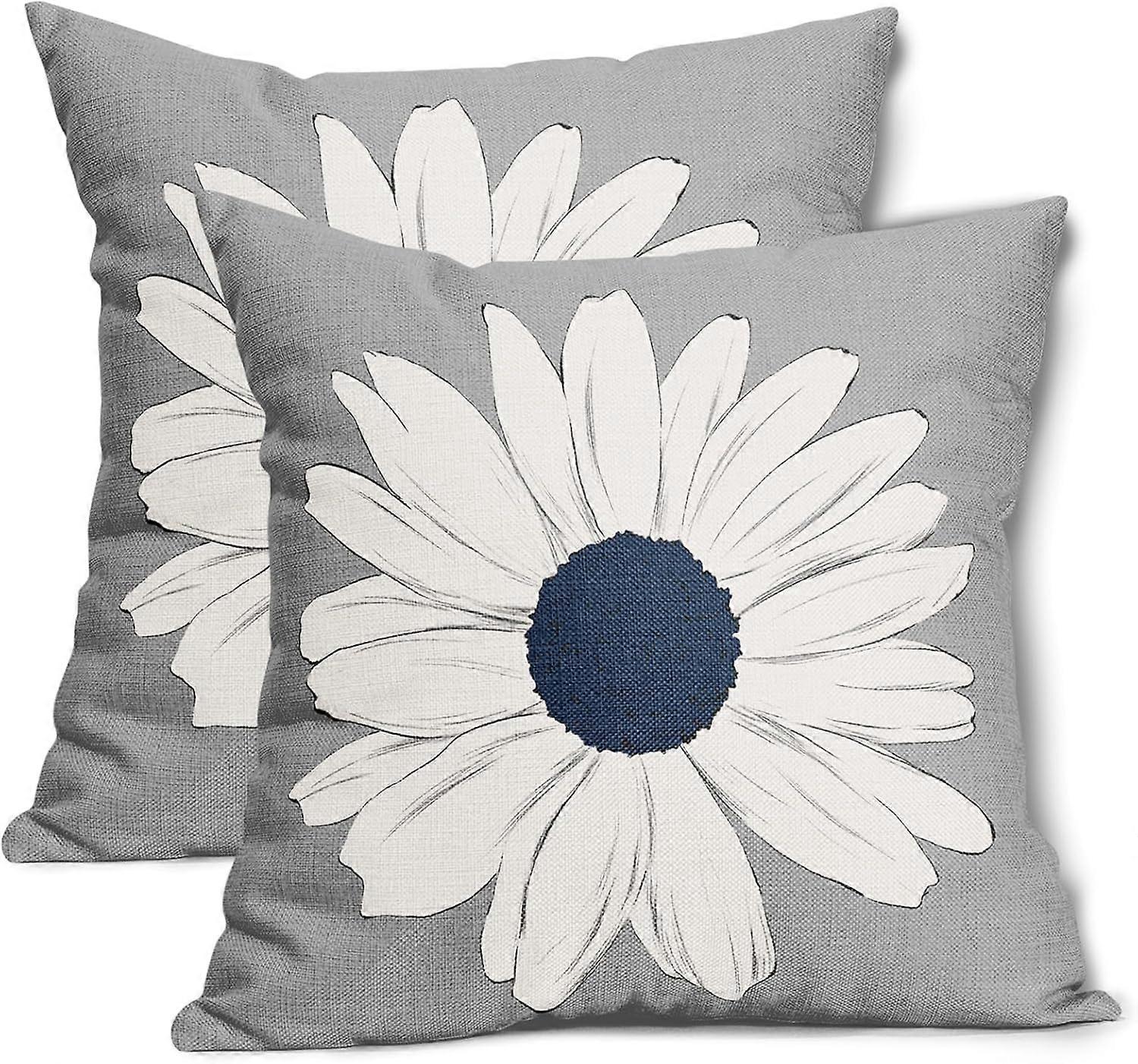 Navy Blue White Daisy Pillow Covers 16x16 Inch Spring Summer Gray Colored Decorative Throw Pillow Case Floral Cushion Cover Set of 2 Home Decor for Be
