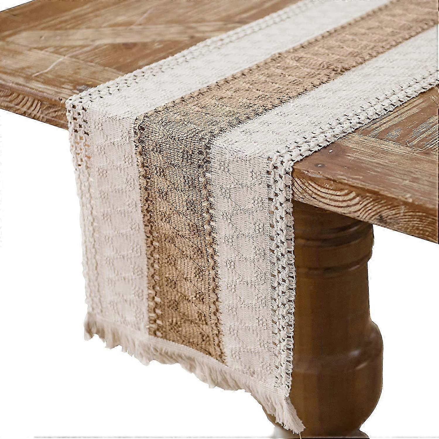 Cotton Linen Table Runner, Burlap Table Runner with Tassels, 30 x 140 cm