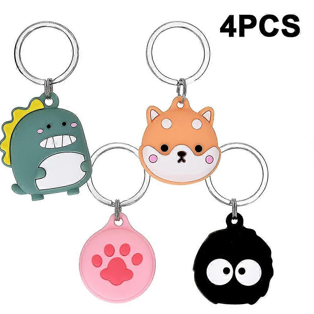 4 packs cute airtag silicone case , anti-scratch cartoon pattern airtag protective case, soft cover with small key chain