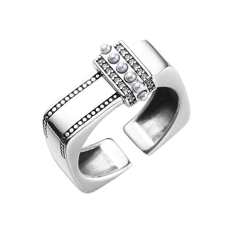 s925 sterling silver square pearl ring female retro high-end simple personality open ring