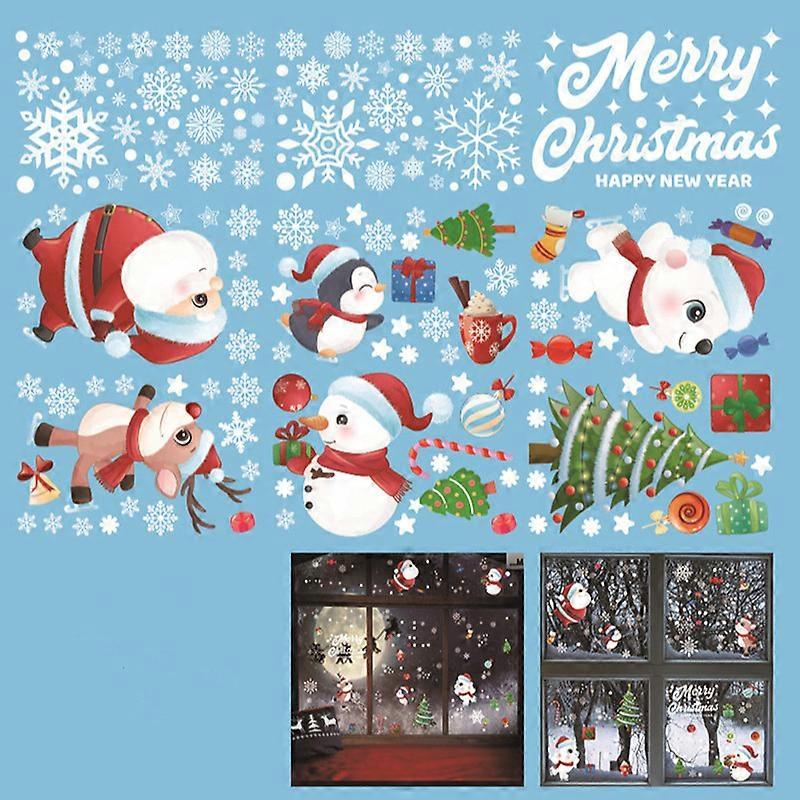 9 Sheets Large Merry Christmas Window Decor Stickers Double-Sided Adorable Christmas Santa Claus Reindeer Snowman Decals with Christmas Snowflakes Wi