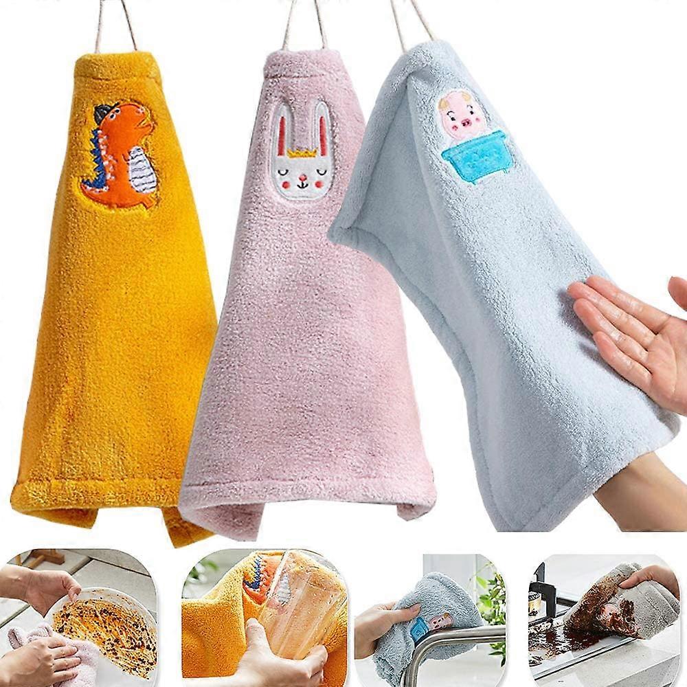 3 Pack Small Hanging Hand Towels for Kitchen and Bathroom, Super Absorbent Soft Cloth, Dinosaur, Rabbit, Pig Design