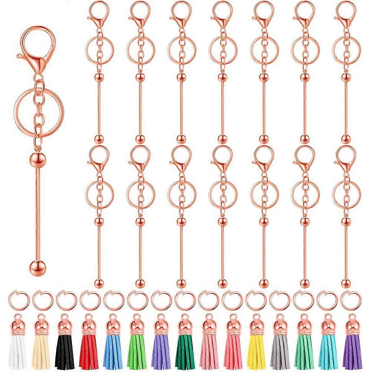 15 Pcs Beadable Keychain Bar Metal Blank Keychain with 15 Pcs Leather for DIY Bead Keychain Supplie