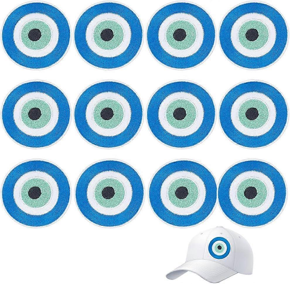 DIY 12PCS Evil Eye Patches Iron on/Sew On Evil Eyes Applique Patches Medium Blue Eye Patches for Sewing Round Evil Eyes Embroidered Applique Patches f