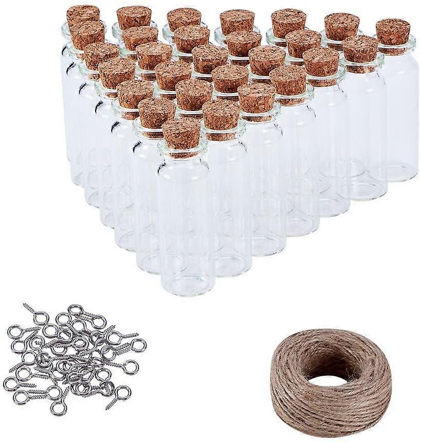 30 pcs 16ml Mini Cork Glass Wishing Bottles Vials+ 30 pcs Iron Screw Eye Pin Bail Pegs With 1 Roll Hemp Cord Twine String for DIY Jewelry Pendant Maki