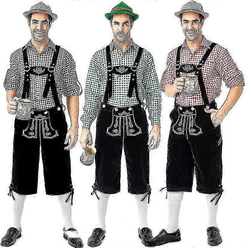 Traditional Men's Oktoberfest Costume Plaid Shirt Embroidered Overalls With Hat Set