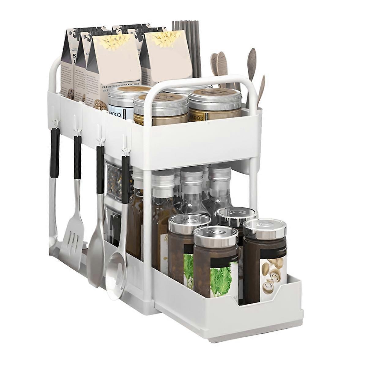 Multifunctional Kitchen Rack Pull-Out Spice Rack Double-Layer Cabinet Storage Rack White