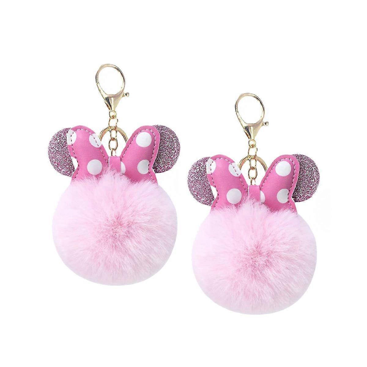 Cute Pom Pom Keychain - Mouse Ears & Polka Dot Bow, Fluffy 2 Pack Fur Ball Charm