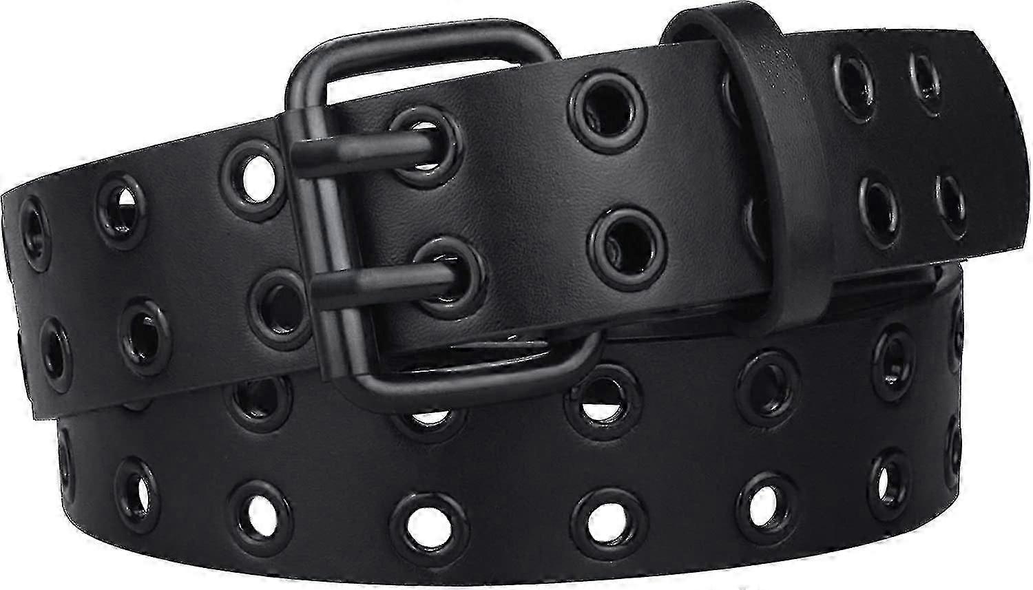 Grommet bőrövek nőknek, fekete öves női férfiaknak, dupla szegecses lyukakkal