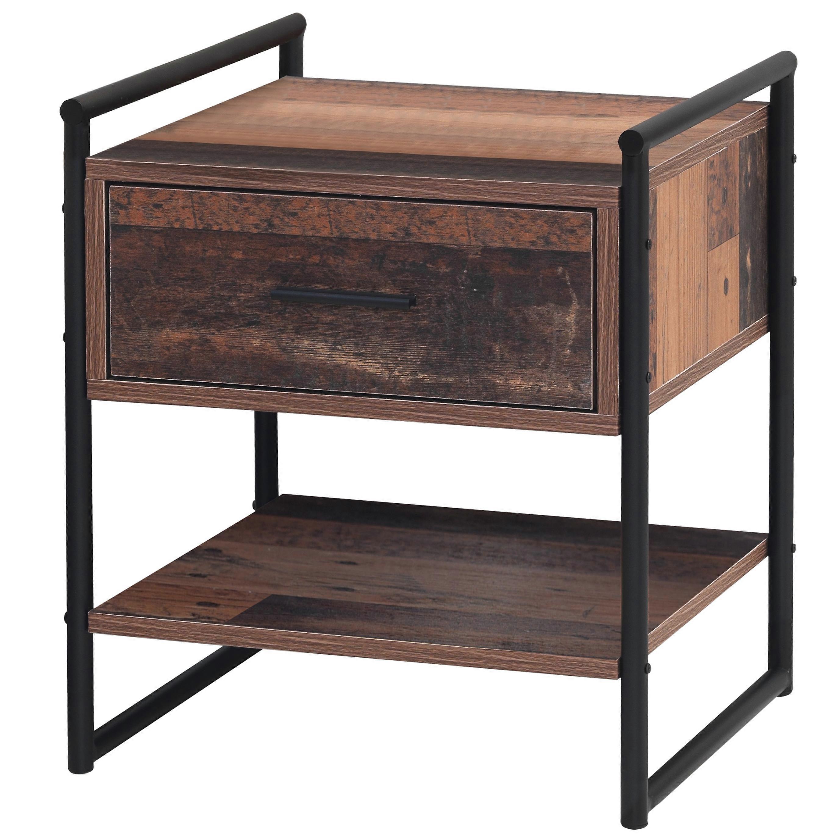 Unique Rustic Bedside 1 Drawer Unit - Iron Frame Wood Panels and Open Storage
