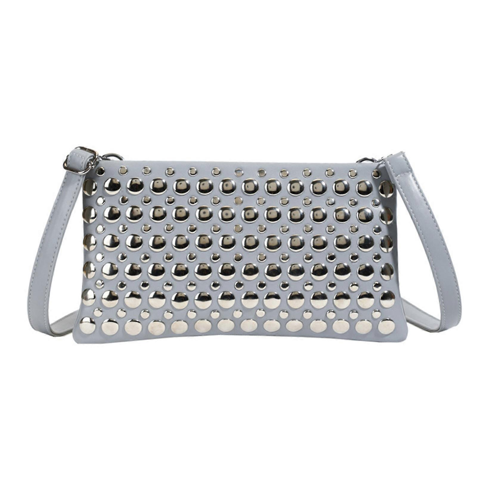 Sac à main à épaule unique pour femmes à la mode avec clous à points et sangle réglable Sac à bras en cuir PU pour un usage quotidien gris