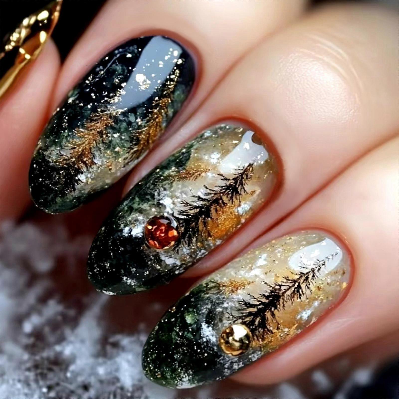 24 st mandel press-on nagelblomma franska lösnaglar akryl lösnaglar, konstgjorda nagellim på nageln för kvinnor flickor