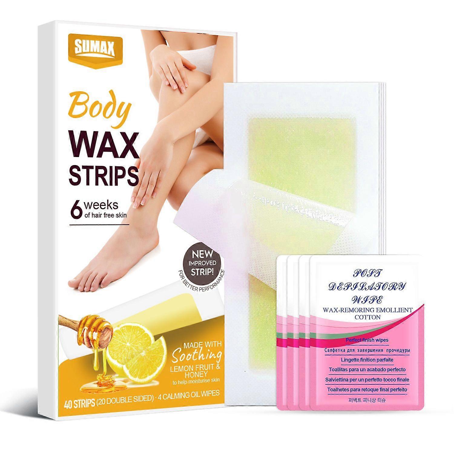 Body Wax Strips with Improved Formula, 40 Strips (20 Double-Sided) for Weeks of Hair-Free Skin, with 4 Calming Wipes