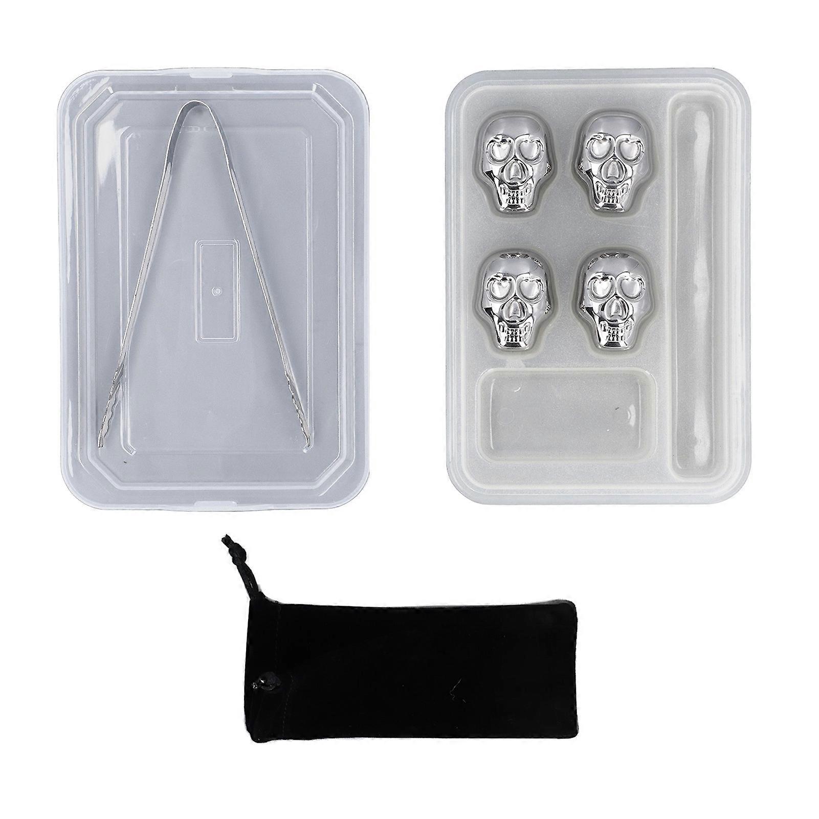 4 Pcs Skull Shaped Stainless Steel Ice Cubes Fast Cooling Reusable Whiskey Chilling Stones for Wine Drinks