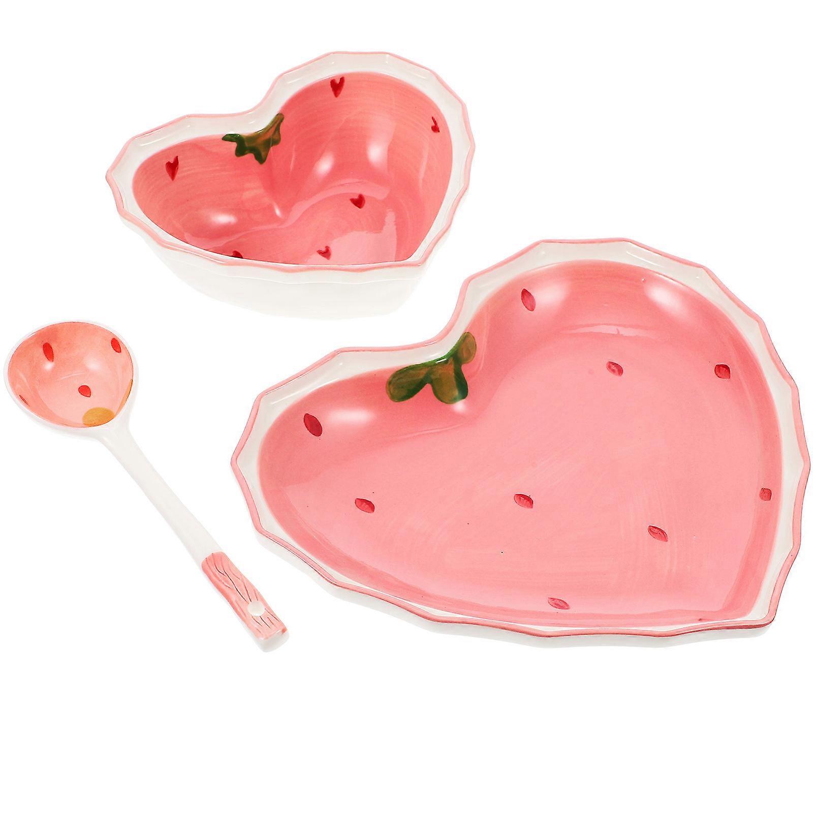 1 Set Salad Bowl Set with Spoon, Multi Function Food Plates, Cute Strawberry Design, Serving Plate for Home Use