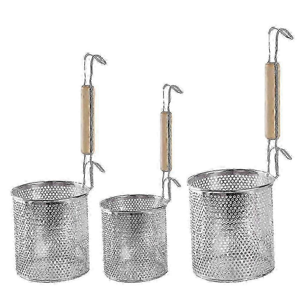 Stainless Steel Noodle Strainer with Hook and Wooden Handle for Dumplings, Udon, Vegetables, and Pasta