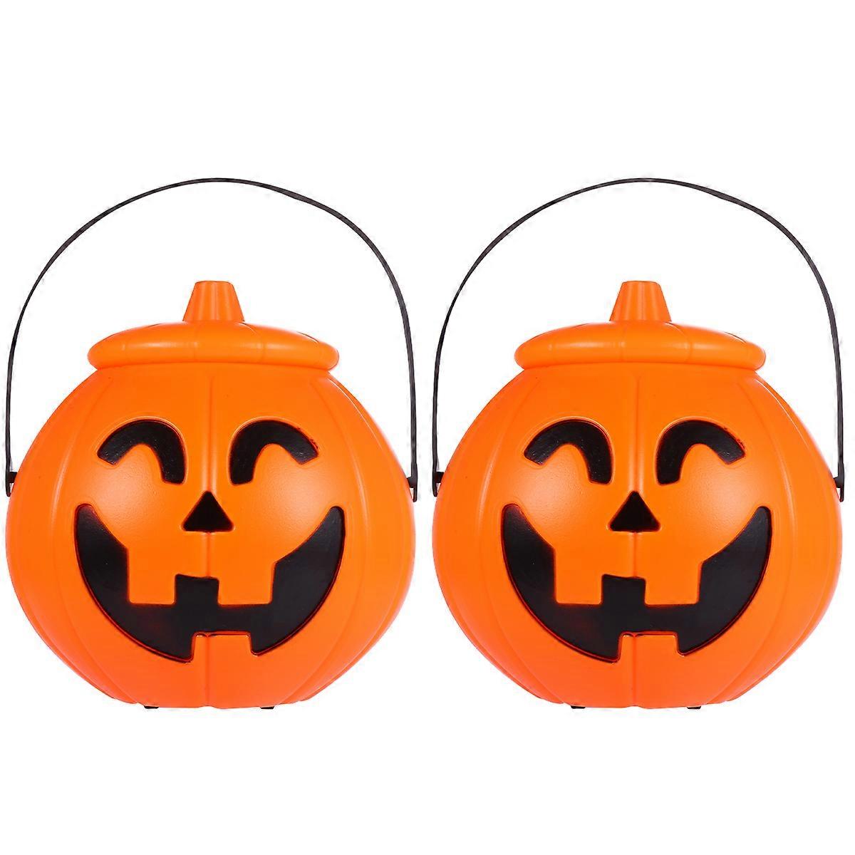 Here's a polished and engaging product description based on your input:
**2pcs Portable Pumpkin Lamp Candy Bucket with Lid – Creative Halloween