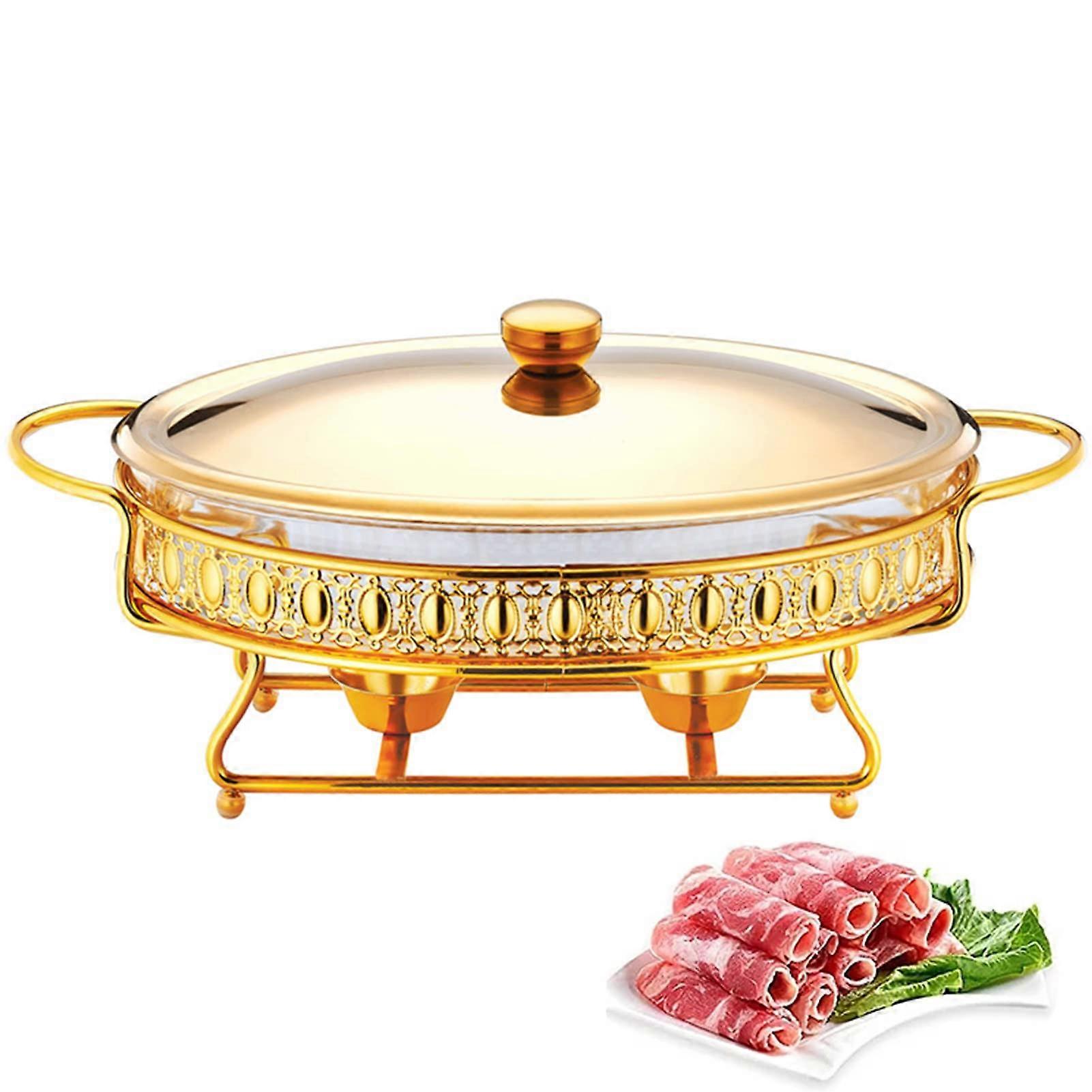 Ensemble de hannetons ronds en acier inoxydable - Chauffe-buffet de 1,5 L pour fêtes et mariages avec bac à eau, porte-carburant, couvercle et bac à nourriture en or élégant