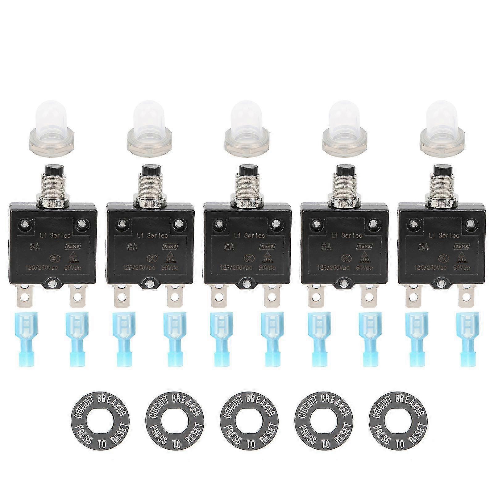 8A Thermal Circuit Breaker with Quick Connect Terminals Waterproof Cap Push Button Manual Reset