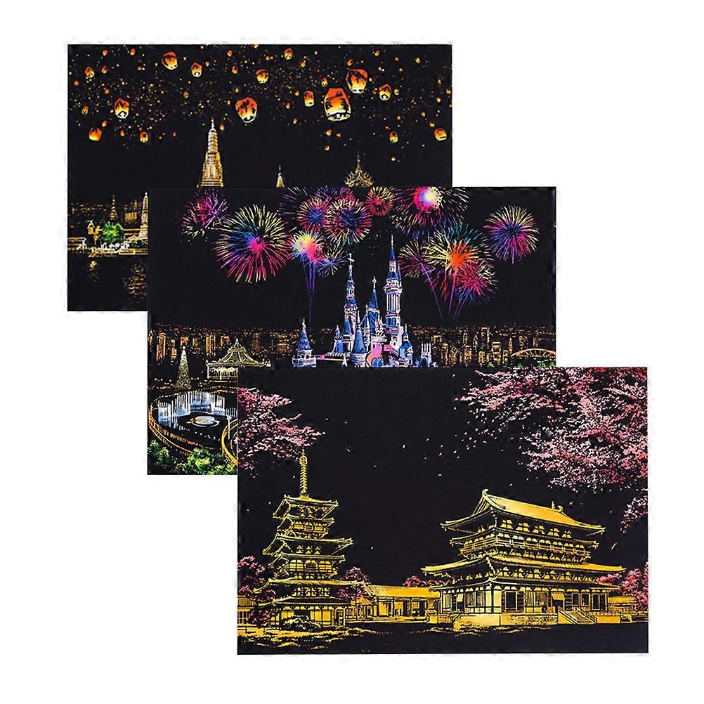 World Sightseeing Picture DIY Craft Night View Scratch Painting Black Color Bamboo Material Rectangular Shape 3Pack