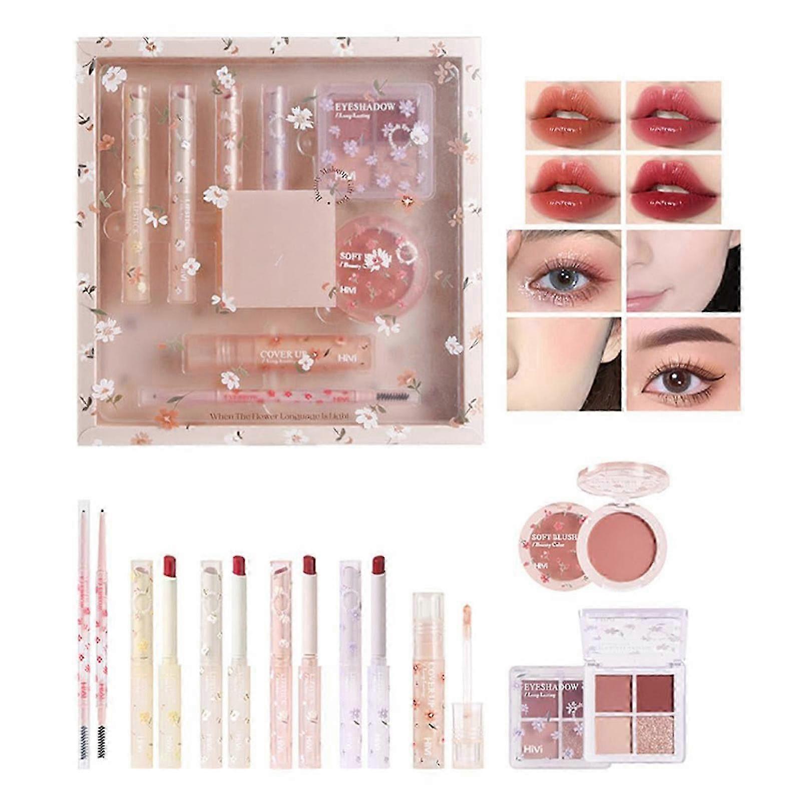 Make-up Kit set voor vrouwen, 8 stuks make-up sets, 4 kleuren lippenstiften en oogschaduw, wenkbrauwpotlood, concealer, Blush palet voor beginners