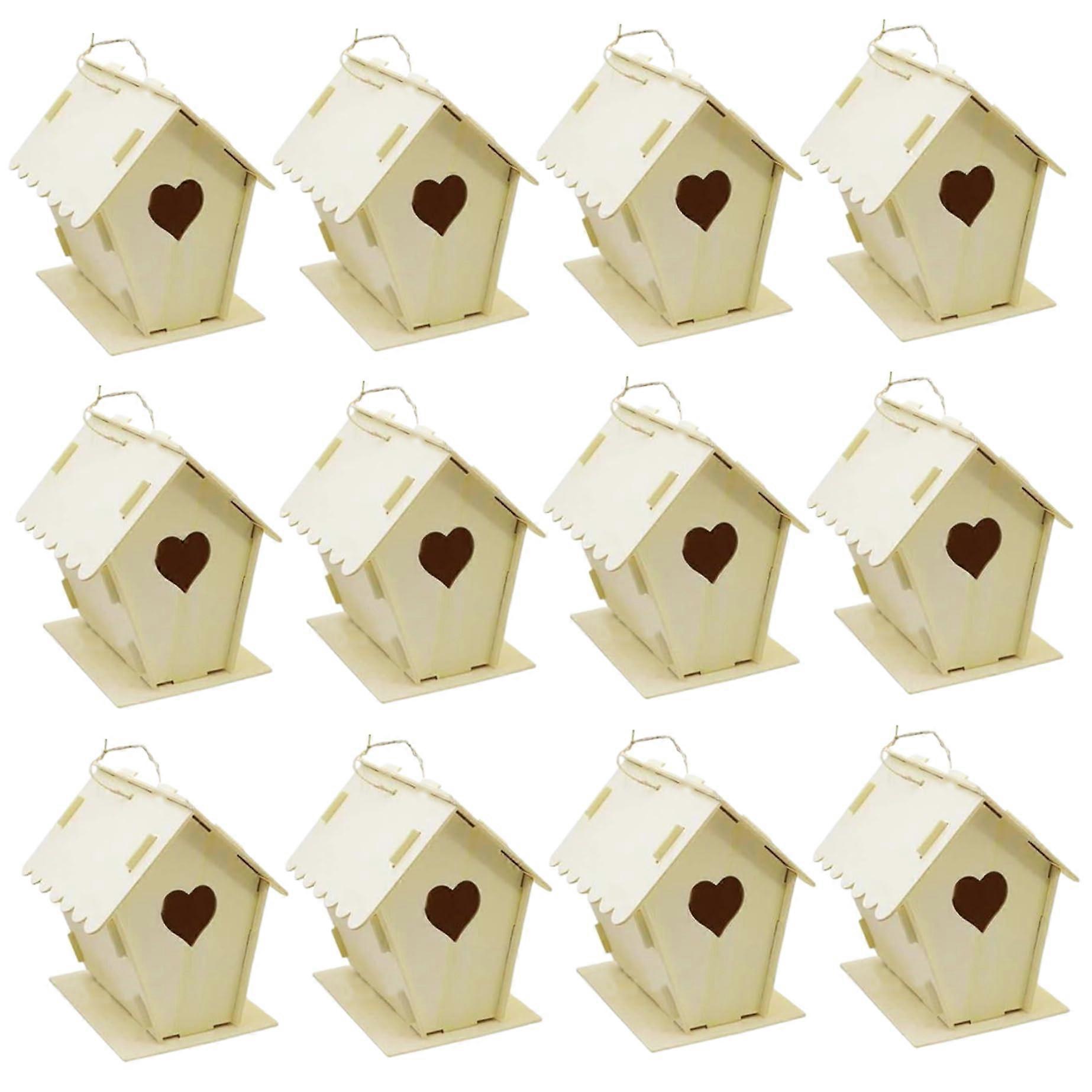 12pcs Bird House Kit DIY Unpainted Wooden Birdhouses with Hanging Hooks, Heart & Fence Design for Adults and Kids
