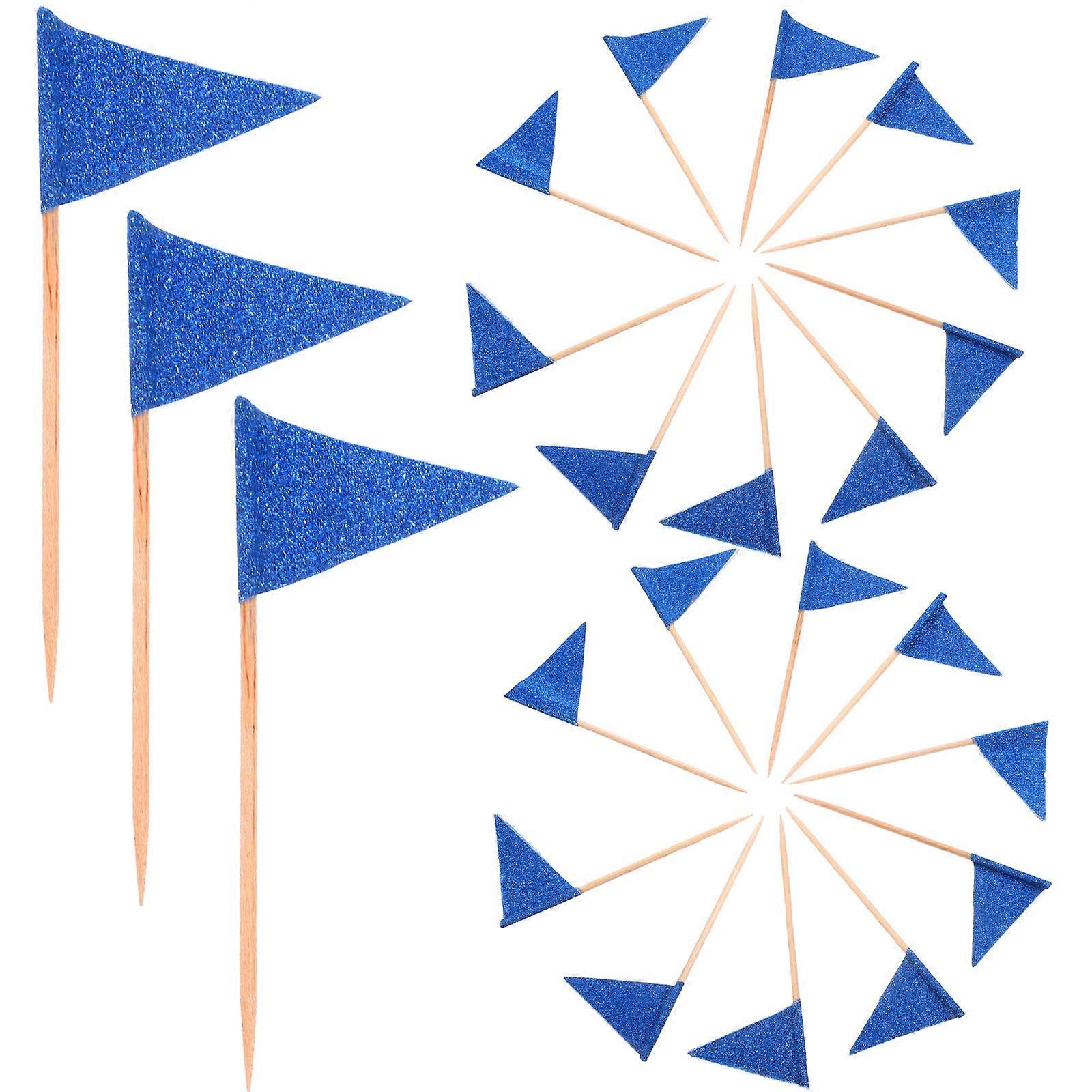 Cupcake Toppers Flags Triangle Cake Toothpick Sticks Diy Decoration Blue 8.00X3.50X0.20Cm Paper Wooden Food Marking Party Supplies 60Pcs