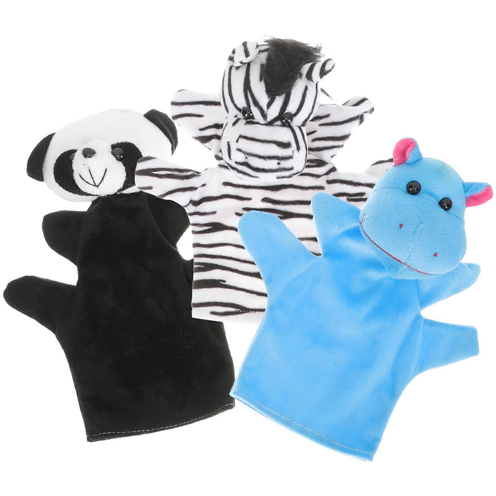 3pcs Animal Hand Puppets – Lightweight Educational Storytelling Toys with Realistic Zebra, Hippo, and Panda Designs, Soft Plush for Play