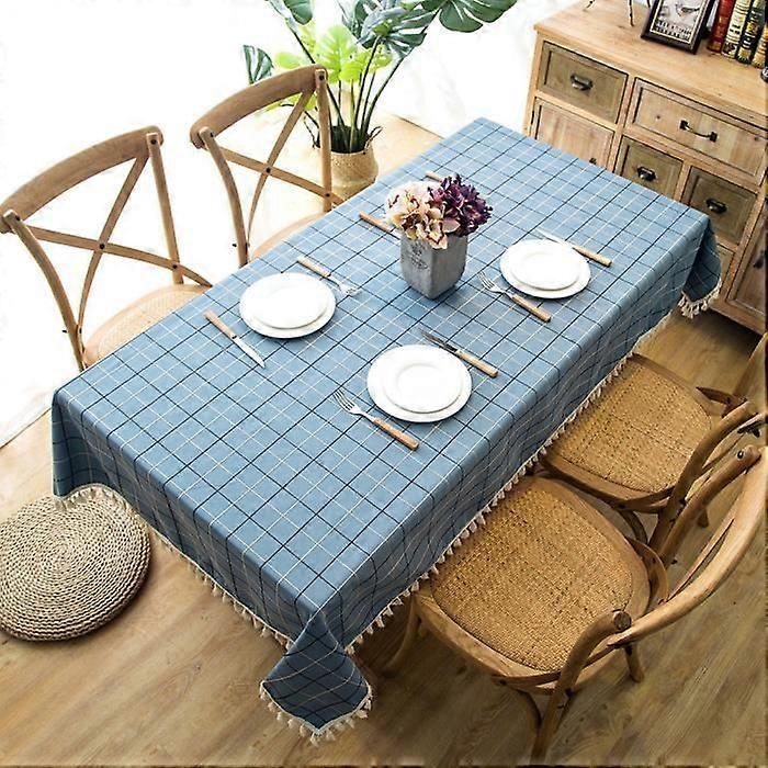 Scandinavian Polyester Rectangular Blue Checkered Dining Tablecloth, 140x250 cm