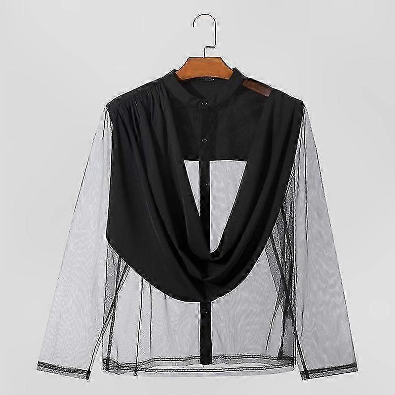 Men's Long Sleeve Casual Button-Up Mesh Patchwork Sheer Top